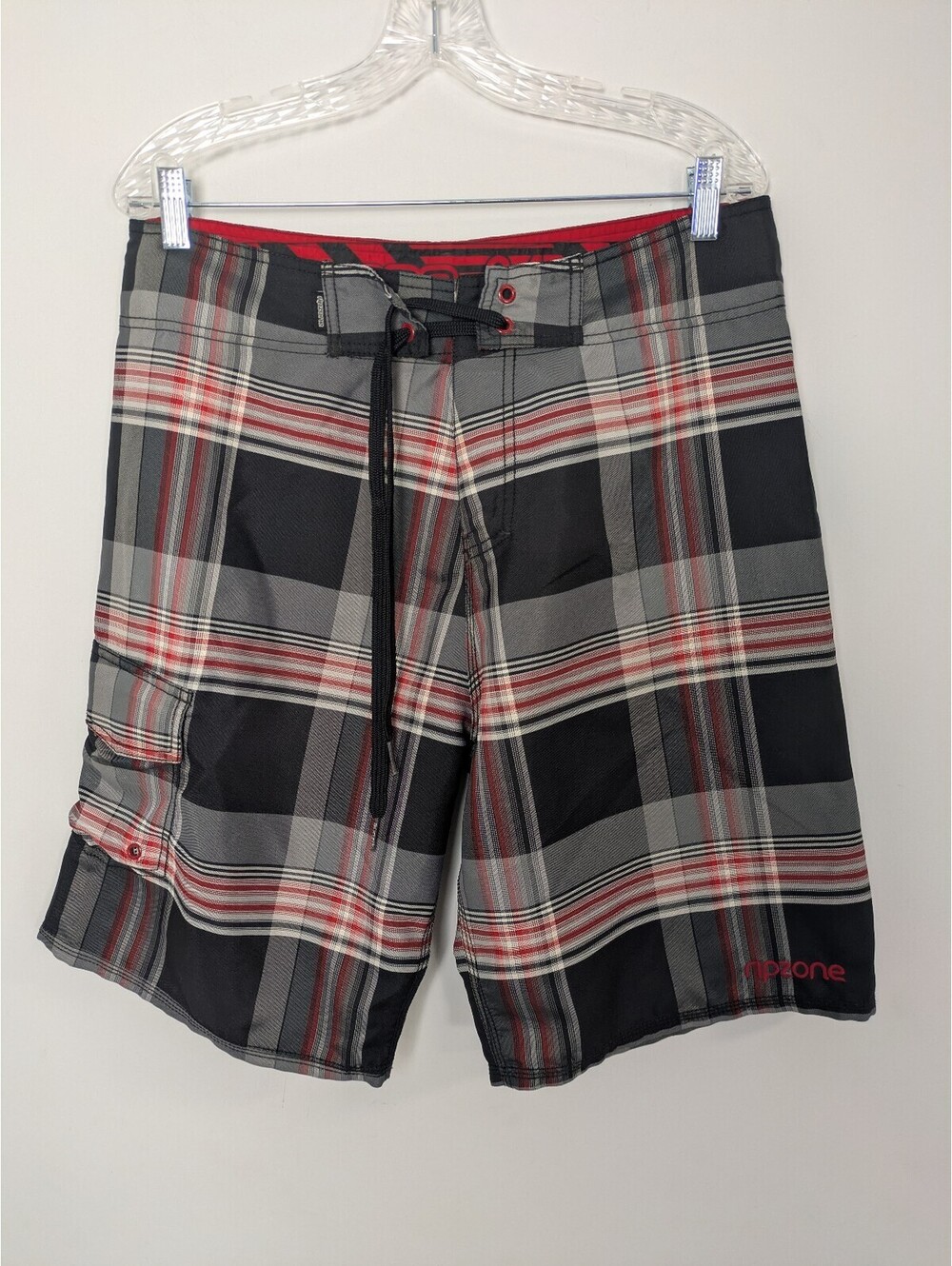 Ripzone Men’s Plaid Board Shorts – Black, Gray & Red Performance Swim Trunks